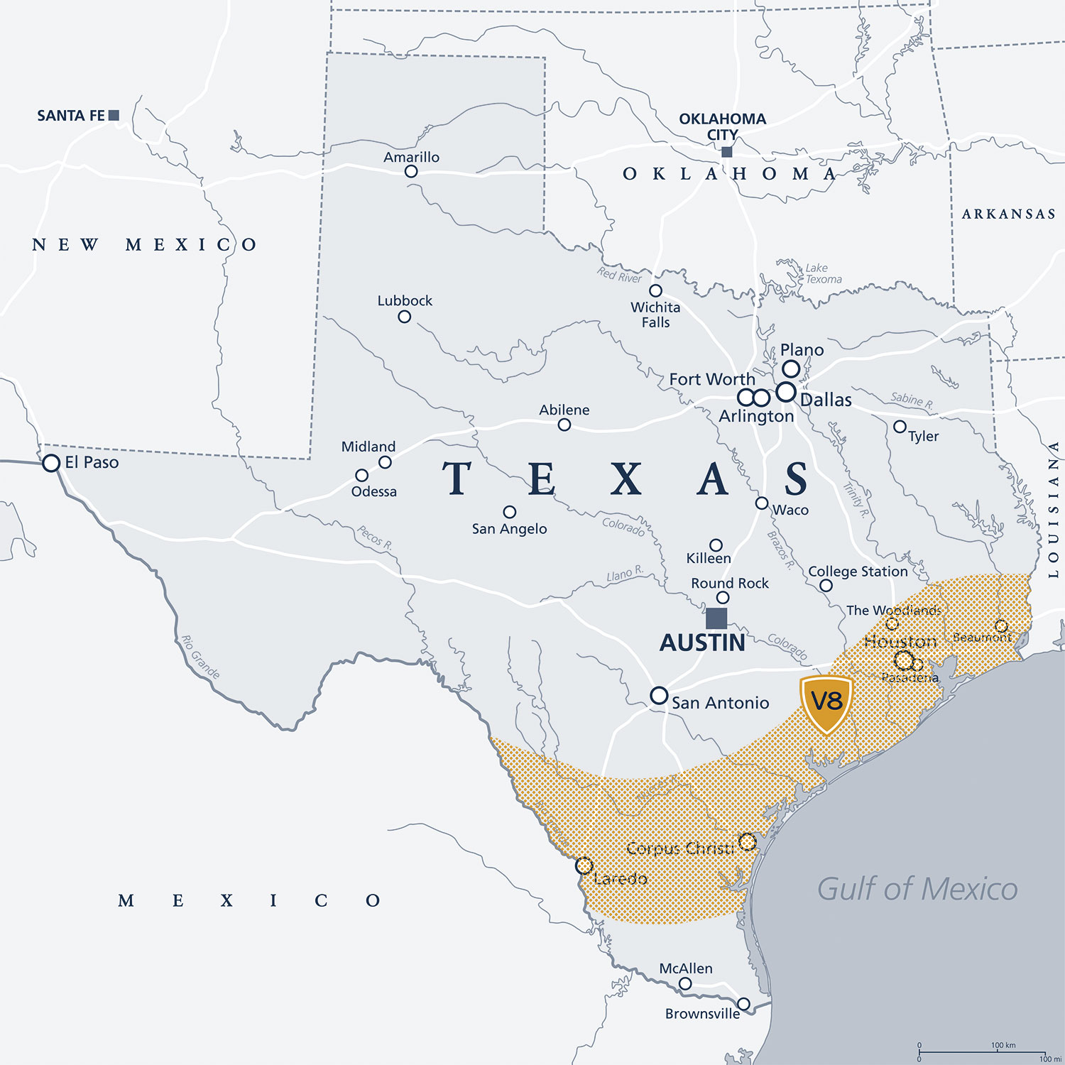 Where V8 is located on the Texas Map