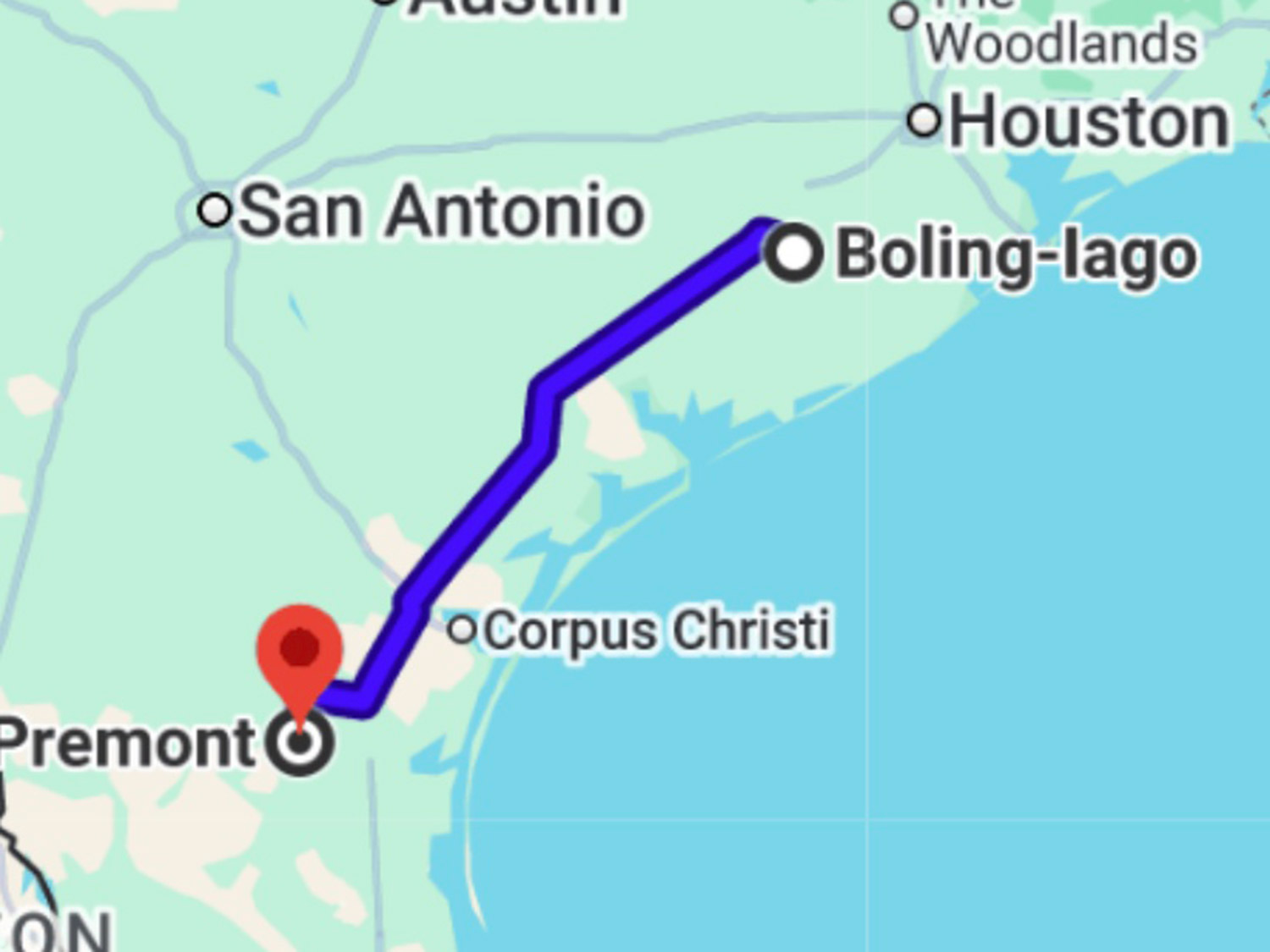A map showing a driving route across South Texas from Boling-Iago to Premont near Corpus Christi.